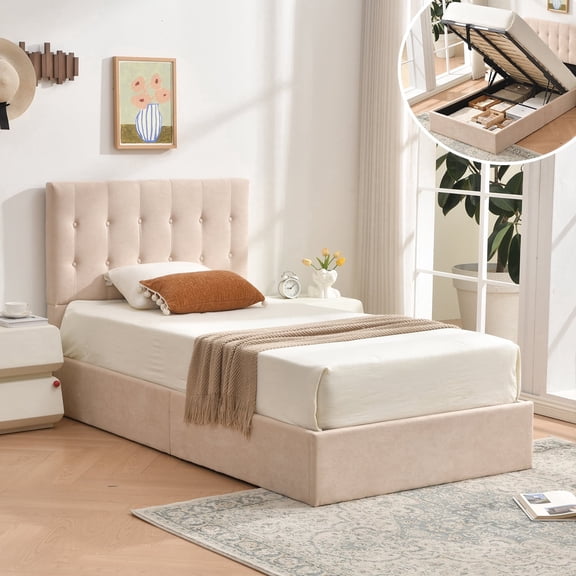 Twin Size Bed Frame with Lift Up Storage, Linen-Look Upholstered Platform Bed with Button-Tufted Headboard, No Box Spring Needed, Hydraulic Storage, Khaki