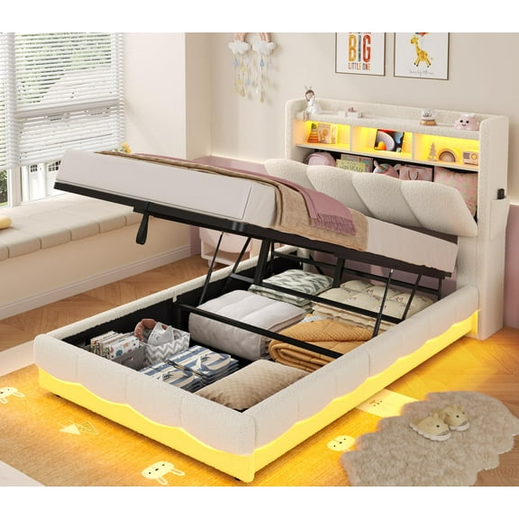Twin Size Bed Frame with Lift Up Storage ,Storage Headboard, Hydraulic Beds with Parallel Stroke, Upholstered Platform Bed with LED Lights,Charging Station, No Box Spring Needed, Beige