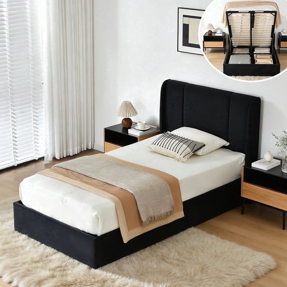 VELOCAVA Twin Size Bed Frame with Lift Up Storage, Velvet-Look Upholstered Wingback Platform Bed with Vertical Channel Headboard, No Box Spring Needed, Hydraulic Storage, Black