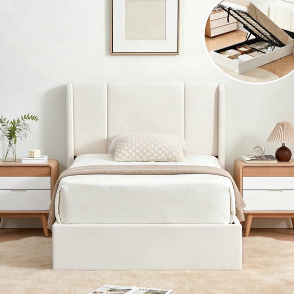 Twin Size Bed Frame with Lift Up Storage, Velvet-Look Upholstered Wingback Platform Bed with Vertical Channel Headboard, No Box Spring Needed, Hydraulic Storage, White