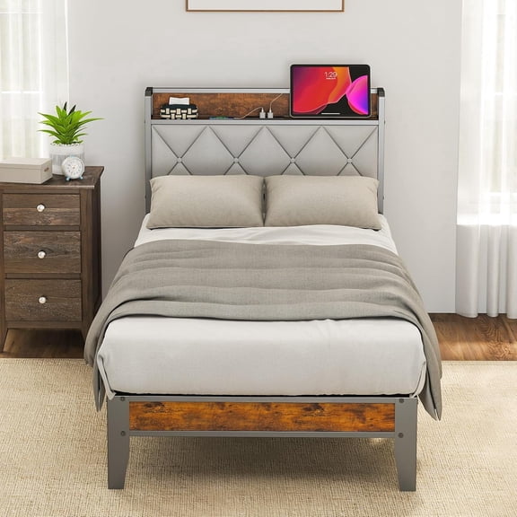 Twin Size Bed Frame, Metal Bed with Headboard, 700LBS Heavy Duty Mattress Foundation with Steel Slats Support, No Box Spring Needed, Noise Free