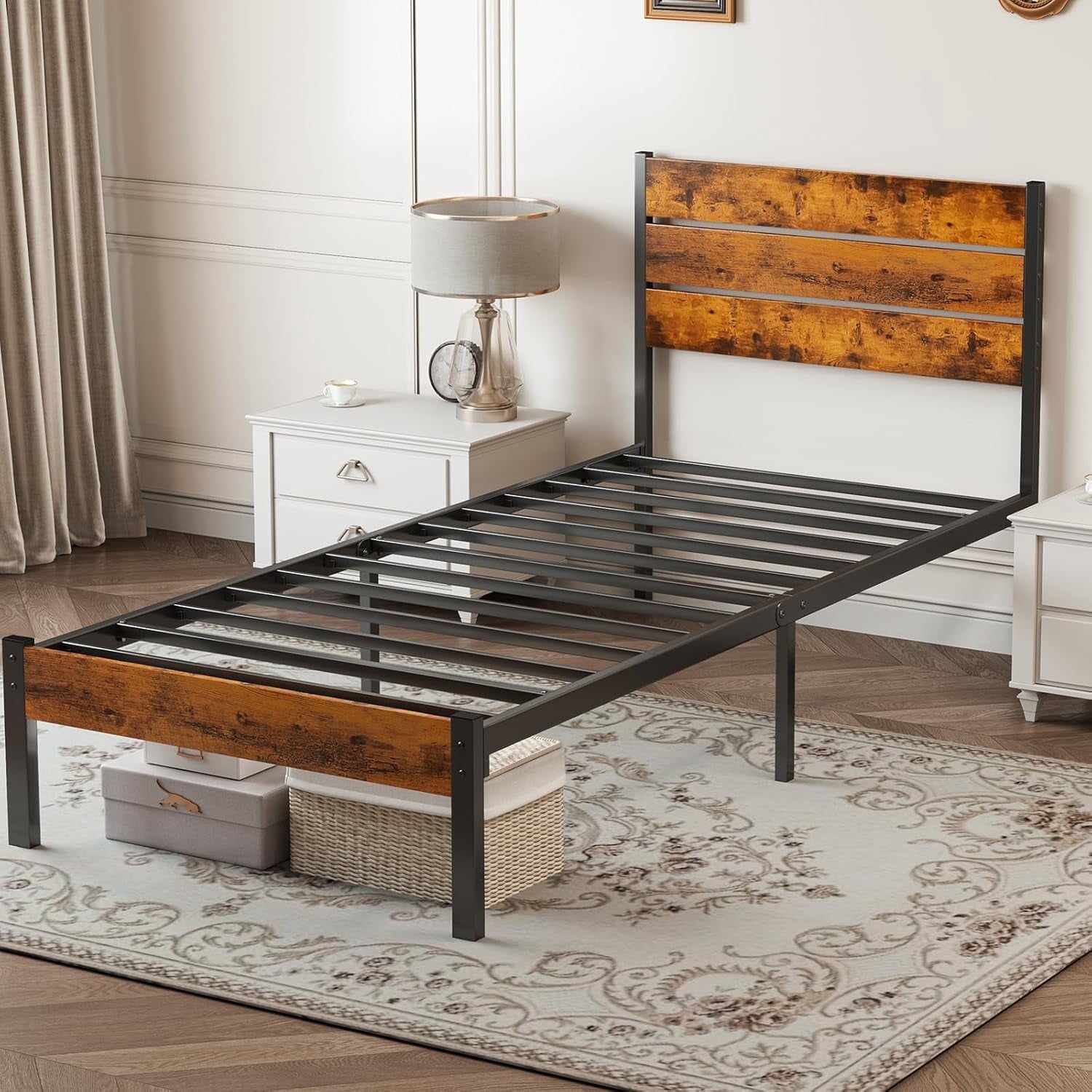 Twin Size Bed Frame, Metal Bed with Headboard, 700LBS Heavy Duty Mattress Foundation with Steel Slats Support, No Box Spring Needed, Noise Free