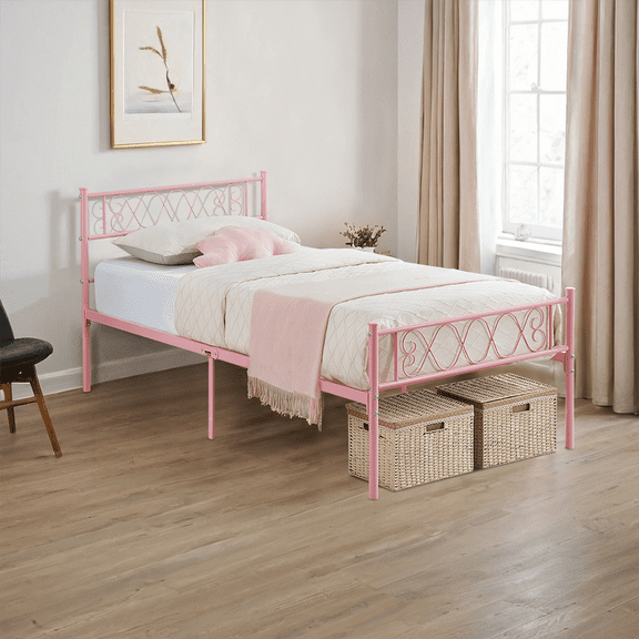 Twin Size Bed Frame, Metal Platform Bed Frame with Headboard and Footboard, 12.2 Inch Bed Frame with Strong Metal Slats Support, Under Bed Storage, No Box Spring Needed, Pink