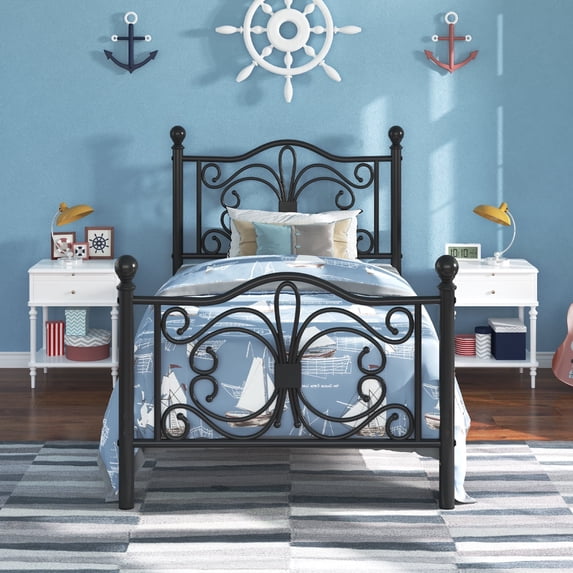 Twin Size Metal Platform Bed Frame With Butterfly Design Headboard And Footboard, No Box Spring Needed, Easy Assembly, Black