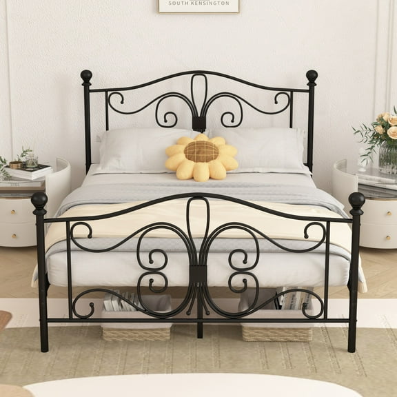 Twin Size Bed Frame,Metal Platform Bed Frame With Butterfly Design Headboard And Footboard,Under Bed Storage,Easy Assembly,Black