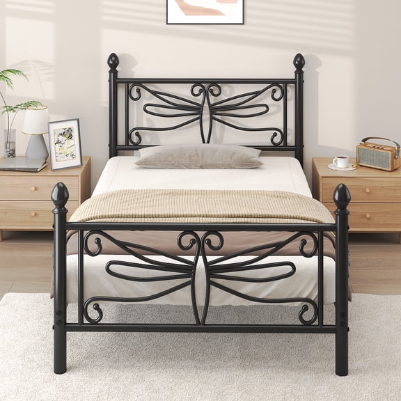 Twin Size Bed Frame, Metal Platform Bed Frame with Dragonfly Pattern Headboard and Footboard, No Box Spring Needed, Black