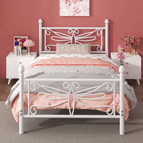 Twin Size Bed Frame, Metal Platform Bed Frame with Dragonfly Pattern Headboard and Footboard, No Box Spring Needed, White