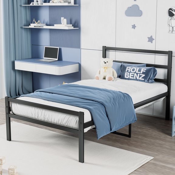 Twin Size Bed Frame, Metal Platform Bed w/Headboard, Large Under Bed Storage Space, No Box Spring Needed