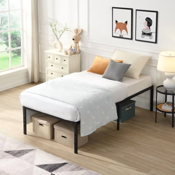 Twin Size Bed Frame, Modern Heavy Duty Metal Platform, No Noise, Easy Assembly, Under Bed Storage, Reinforced Steel Slats, Black, Mattress Foundation for Bedroom Guest Room Dorm