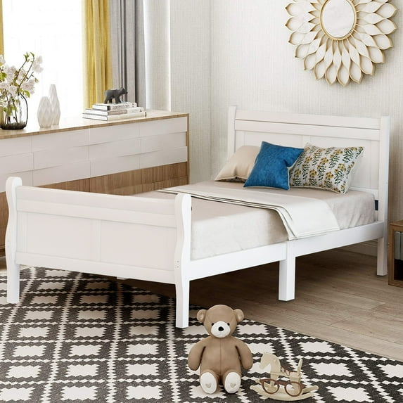 Twin Size Bed Frame, New Upgraded Wood Platform Bed Frame with Headboard & Footboard, Bedroom Furniture Premium Twin Bed Frame for Kids Boys Girls, No Box Spring Needed, White, J3947