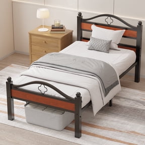 Twin Bed Frame, Hybrid Wood & Steel Construction ,Noise-Free Design & Underbed Storage, with Headboard No Box Spring Needed/Tool-Free Assembly