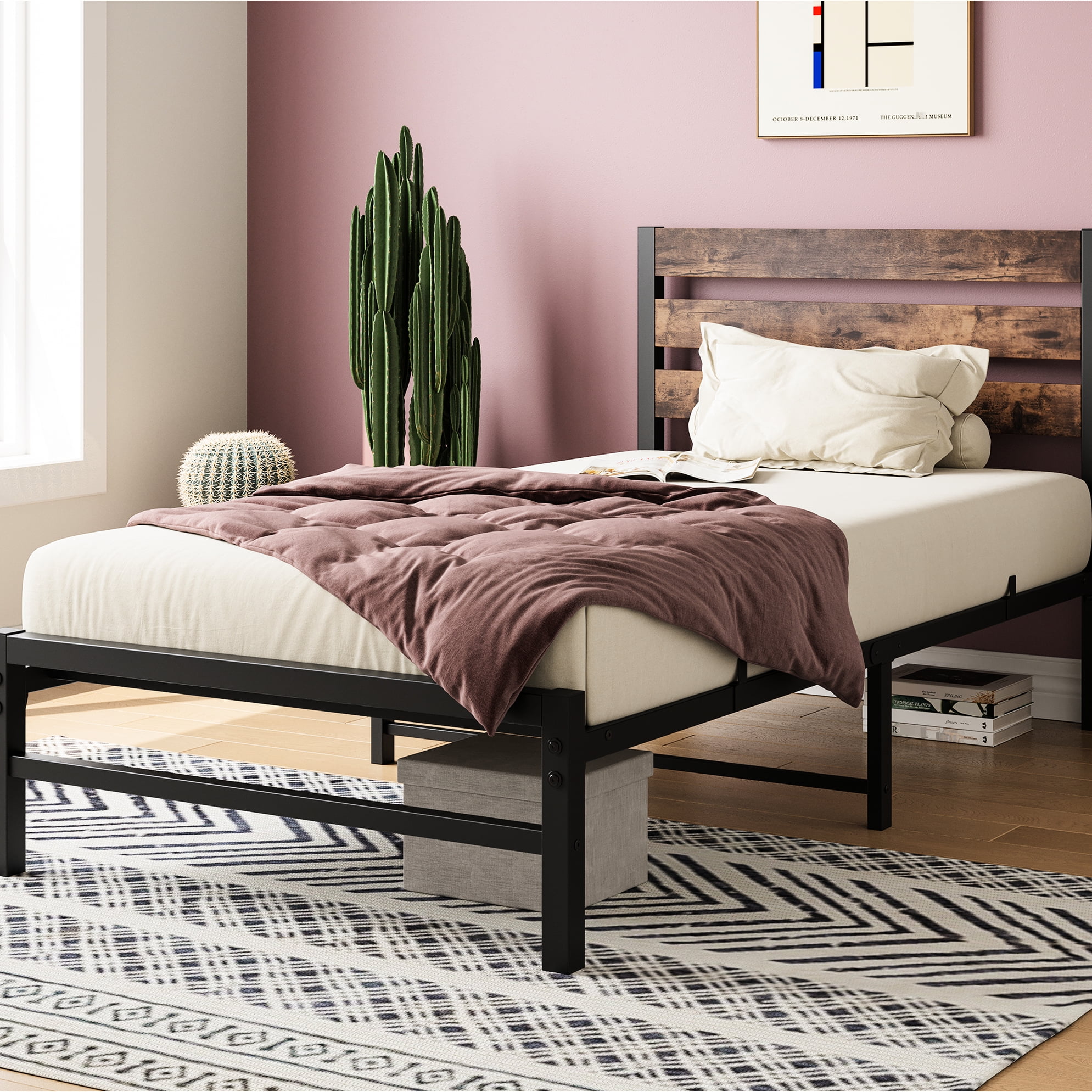 Twin Size Bed Frame With Rustic Headboard - Metal Slats For Strong ...
