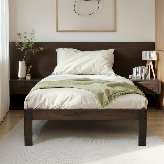 Twin Size Bed Frame, Solid Wood Platform with Wood Slat Support,No Box Spring Needed, Dark Walnut