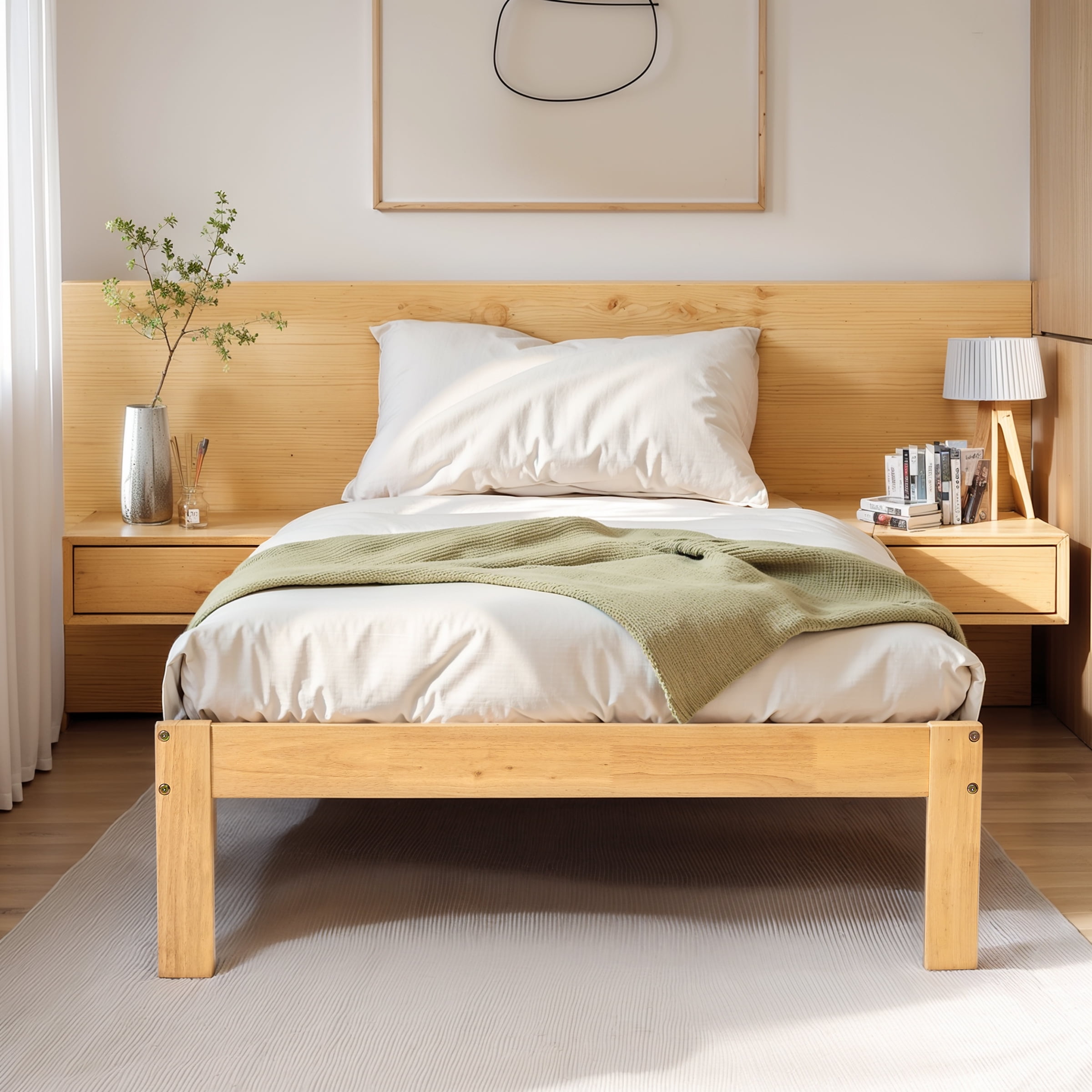 Twin Size Bed Frame, Solid Wood Platform with Wood Slat Support, No Box Spring Needed, Natural