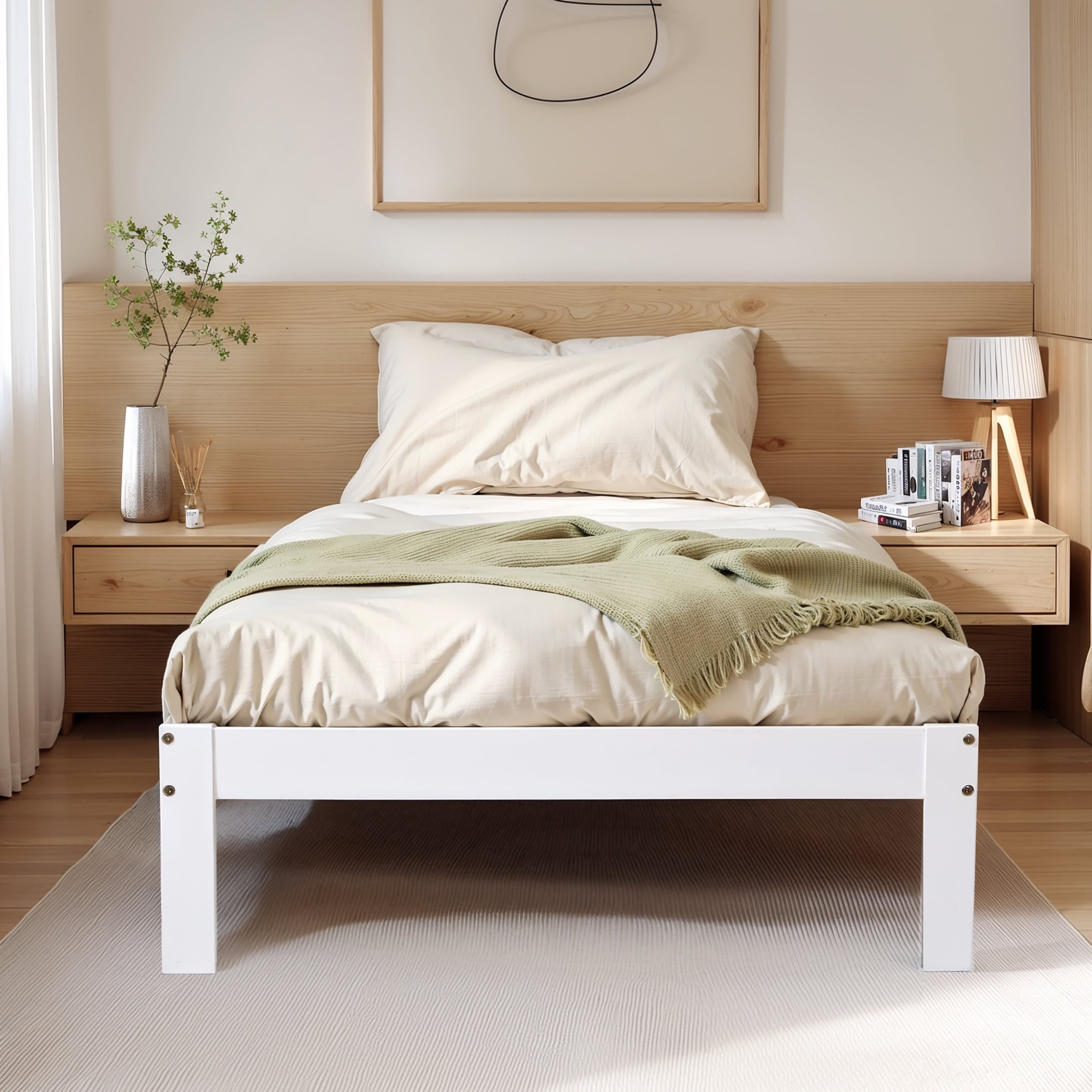 Twin Size Bed Frame, Solid Wood Platform with Wood Slat Support, No Box Spring Needed, White