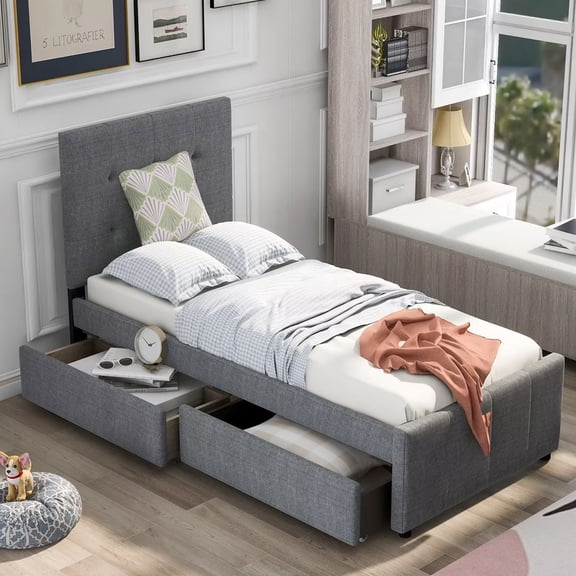 Twin Size Bed Frame with Storage 2 Drawers, Upholstered Platform Bed with Linen Headboard and Footboard, Wood Slat Support, No Box Spring Needed, Gray (Twin+Drawers)…