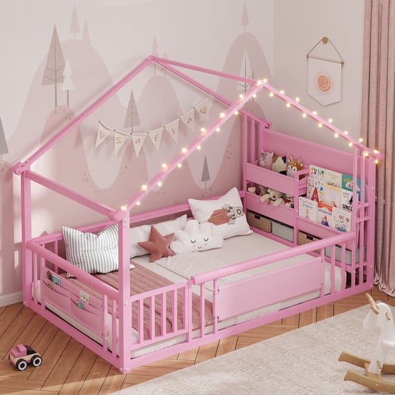Twin Size Bed Frame with Montessori Storage Bookshelf, Globe String Lights, Door and High Rails, House Shaped Metal Floor Bed with Wood Slats&Side Pockets, Modern Platform Beds, Pink