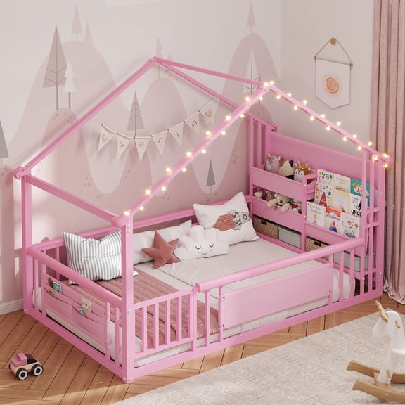 Twin Size Bed Frame with Montessori Storage Bookshelf, Globe String Lights, Door and High Rails, House Shaped Metal Floor Bed with Wood Slats&Side Pockets, Modern Platform Beds, Pink