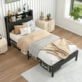 thumbnail image 1 of Twin Size Bed Frame with Storage Headboard & Charging Station, Metal Platform Bed with Built-In Bookcase, Space-Saving Design, No Box Spring Needed, Easy Assembly, Black, 1 of 9