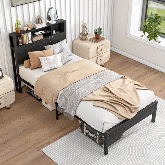 Twin Size Bed Frame with Storage Headboard & Charging Station, Metal Platform Bed with Built-In Bookcase, Space-Saving Design, No Box Spring Needed, Easy Assembly, Black