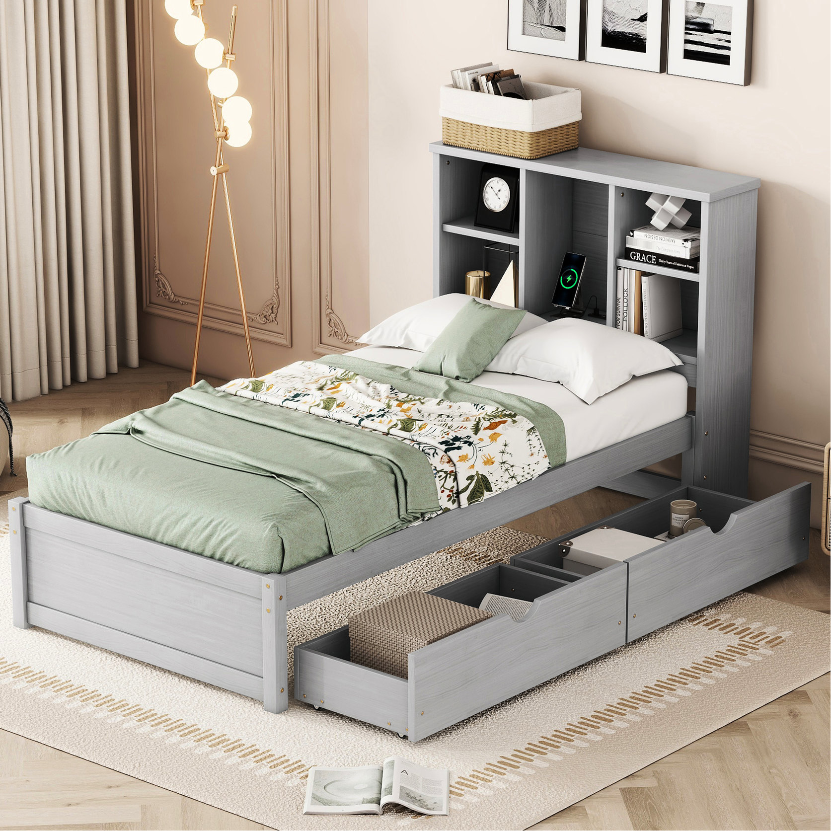 Twin Size Bed Frame | Storage Headboard, Sliding Drawers | Bedroom ...