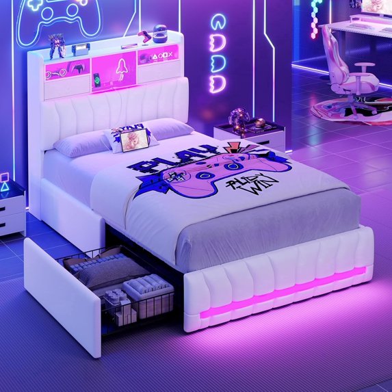 Twin Size Bed Frame with Storage Headboard, Upholstered Platform Bed With 2 Large Drawers,Twin Bed with Charging Station and LED Light,Esports-Style Bed,White