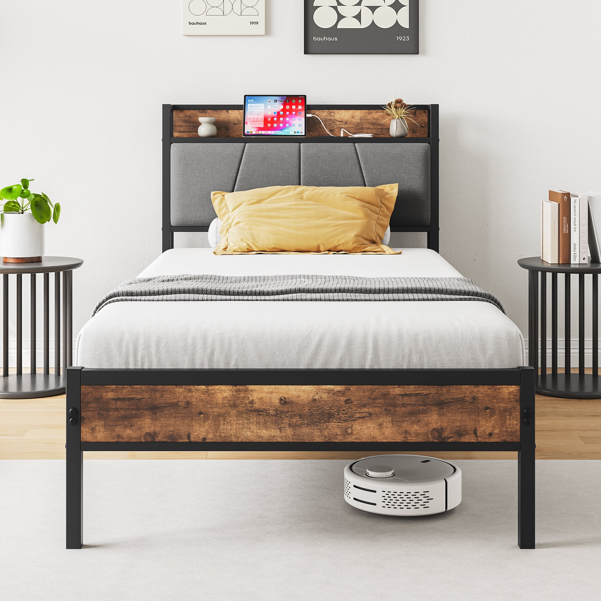 Twin Size Bed Frame, Storage Headboard with Charging Station, Solid and Stable, No Box Spring Needed