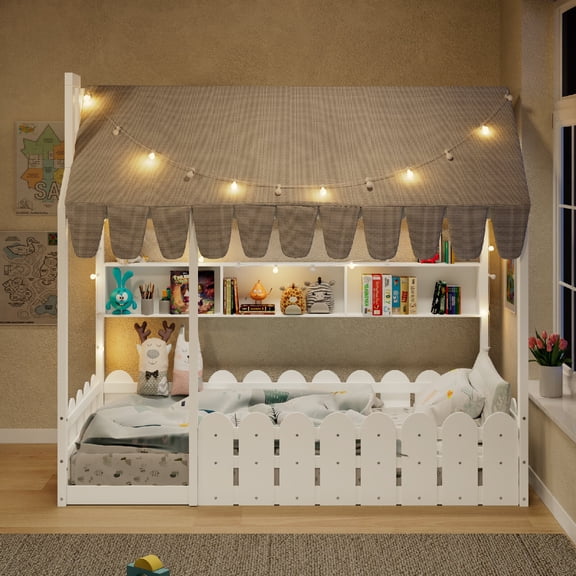 Twin Size Bed Frame with Tent and 3 Storage Shelves, Solid Wood House Bed Frame with Fence Railings and Fence Railings for Bedroom, Apartment, Mattress not included, Slats are not included, White