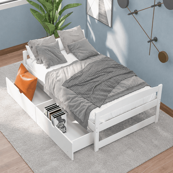 UHOMEPRO Queen Size Bed Frame with 2 Drawers, 550LBS Heavy Duty Wood ...