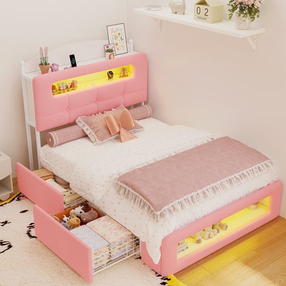 Twin Size Bed Frame, Upholstered Bed Frame with Power Outlets & LED Lights, Twin Platform Bed with 2 Drawers, Storage Headboard and Footboard, No Box Spring Needed, Pink