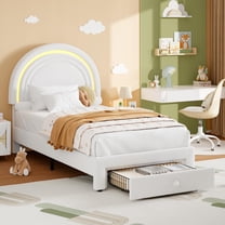 Twin Size Bed Frame,Upholstered Bed Frame with Storage Drawer and Rainbow Headboard, Berber Fleece Princess Platform Bed, Solid Wood Slats Support, No Box Spring Needed, Easy Assembly