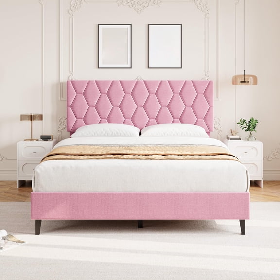 Twin Size Bed Frame, Upholstered Platform Bed Frame With Height Adjustable Headboard, Wood Slats Support, No Box Spring Needed, Noise Free, Pink