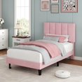 thumbnail image 1 of Twin Size Bed Frame, Velvet Upholstered Platform Bed with Adjustable Vertical Channel Tufted Headboard, No Box Spring Needed, Easy Assembly, Pink | Adjustable Headboard, 1 of 8