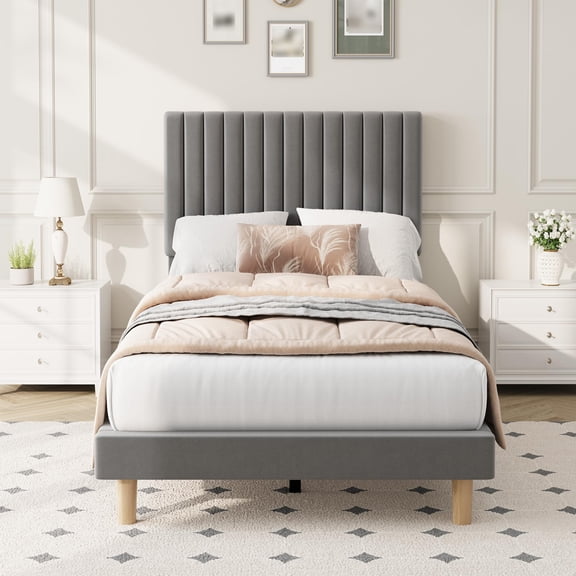 Twin Size Bed Frame with Vertical Channel Tufted Adjustable Headboard,Upholstered Platform Bed Frame with Sturdy Wood Slats, No Box Spring Needed, Easy Assembly