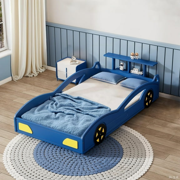 Twin Size Bed Frame, Wood Car-Shaped Platform Bed, No Box Spring Required, Blue & Yellow