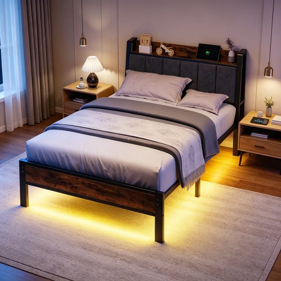 Twin Size Bed Frame with Wood Storage Headboard and USB Charging Station, Smart LED Lights, Metal Platform Bed Frames Easy Assembly, Noise Free, No Box Spring Needed