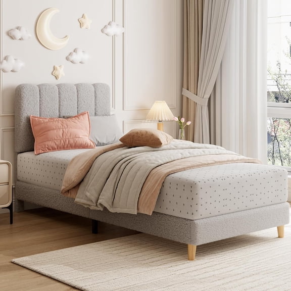 Twin Size Bed Frame, Boucle Upholstered Platform Bed with Wave Headboard, Wooden Slats Support, No Box Spring Needed, Easy Assembly