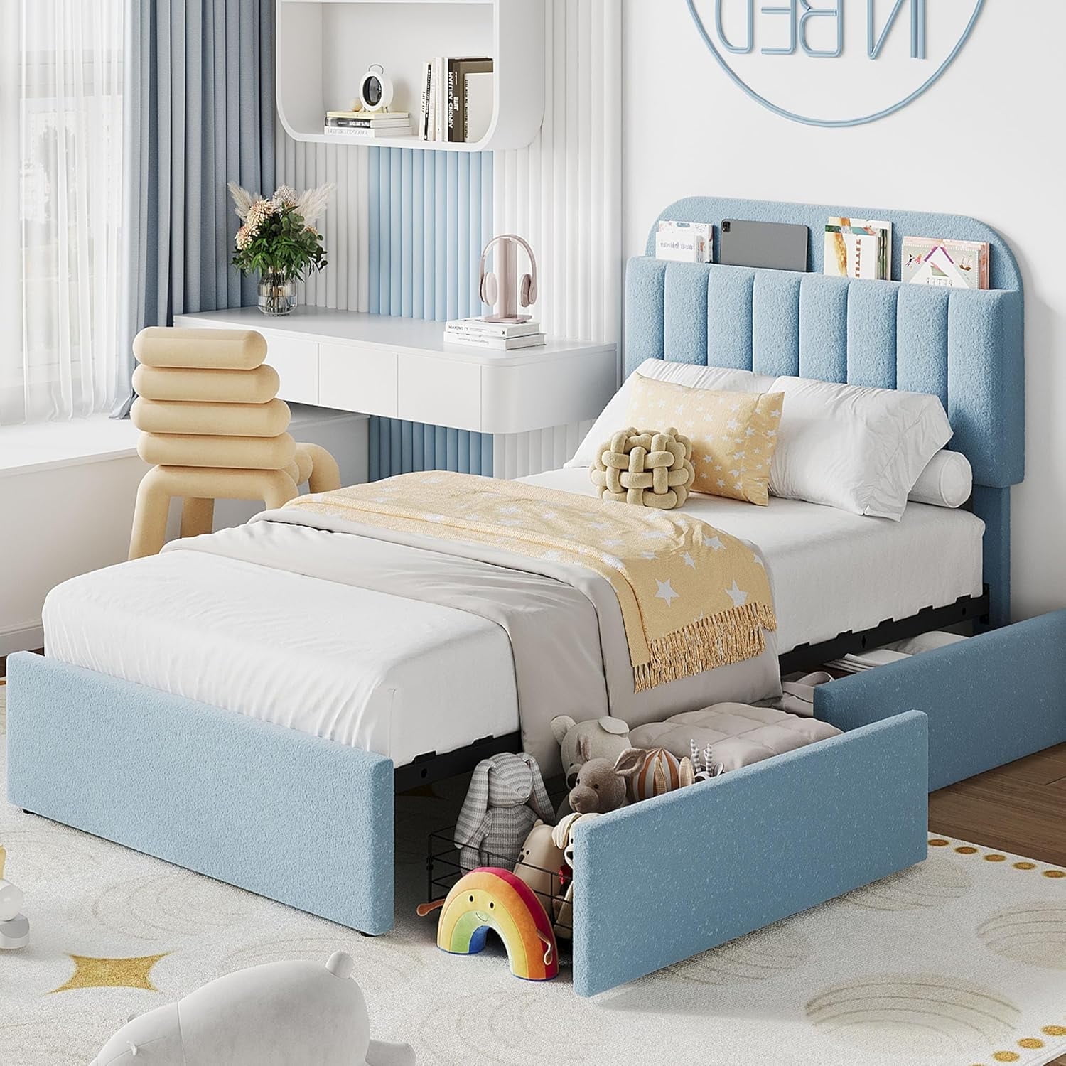 Twin Size Bed Frame with Storage Drawers & Bookcase Headboard, Boucle Platform Bed, Noise-Free, No Box Spring Needed, Blue