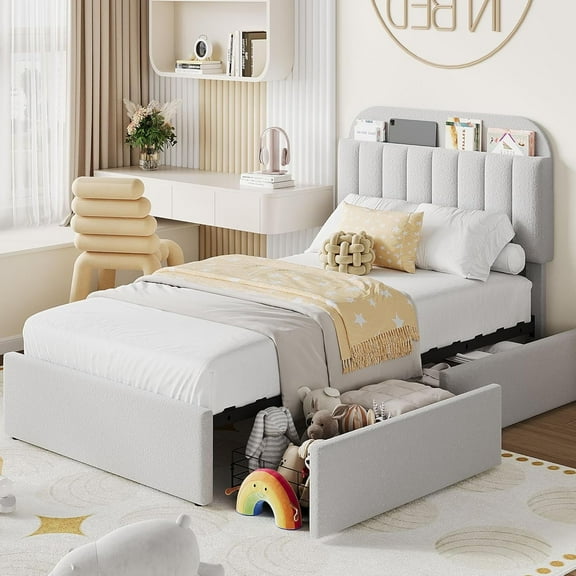 Twin Size Bed Frame with Storage Drawers & Bookcase Headboard, Boucle Platform Bed, Noise-Free, No Box Spring Needed, Grey