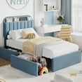 thumbnail image 1 of Twin Size Bed Frame with 2 Storage Drawers, Bedframe with Storage Headboard, Upholstered Bed Frame, No Box Spring Needed, Easy Assembly, Blue, 1 of 7