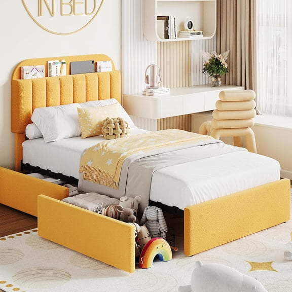 Twin Size Bed Frame with 2 Storage Drawers, Bedframe with Storage Headboard, Upholstered Bed Frame, No Box Spring Needed, Easy Assembly, Yellow