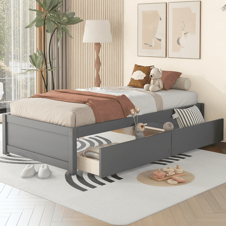 Twin Size Bed Frame with 2 Storage Drawers Wood Single Platform Bed No Headboard Twin Bed for Kids Teens Adults Gray Walmart