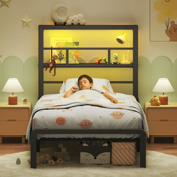 HOMSHADE Twin Size Bed Frame with 49.2-Inch LED High Headboard and 2-Tier Storage, Metal Platform Bed, Black