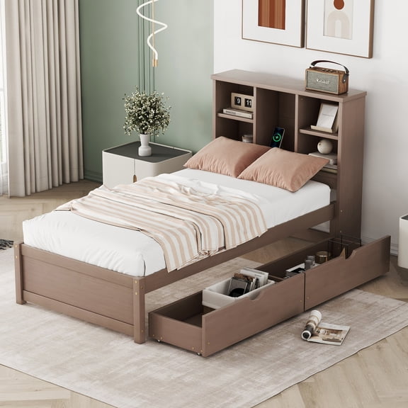 Twin Size Bed Frame with Bookcase Headboard, Storage Bed with USB Port and 2 Drawers, Platform Bed No Box Spring Needed,Walnut