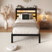 Twin Size Bed Frame with Charging Station and LED Light, Heavy Duty Platform Bed Frame with Storage Headboard, Easy to Assemble, Black