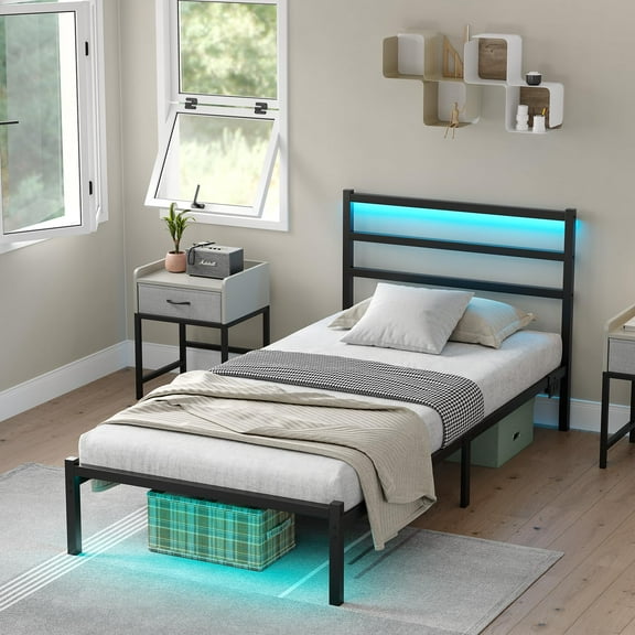 Twin Size Bed Frame with Headboard, Metal Platform Bed Frame with LED, Charging Station, No Box Spring Needed, Easy Assembly, Noise Free, Black