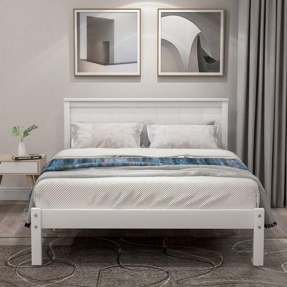 Twin Size Bed Frame with Headboard,Wood Bed Frame with Slat Support,No Box Spring Needed,White