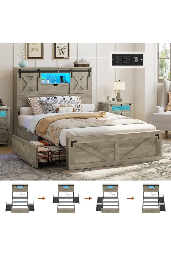 Twin Size Bed Frame with Headboard and Drawers, Farmhouse Twin Platform Bed Frame with LED Lights and Charging Station, No Box Spring Needed, Gray