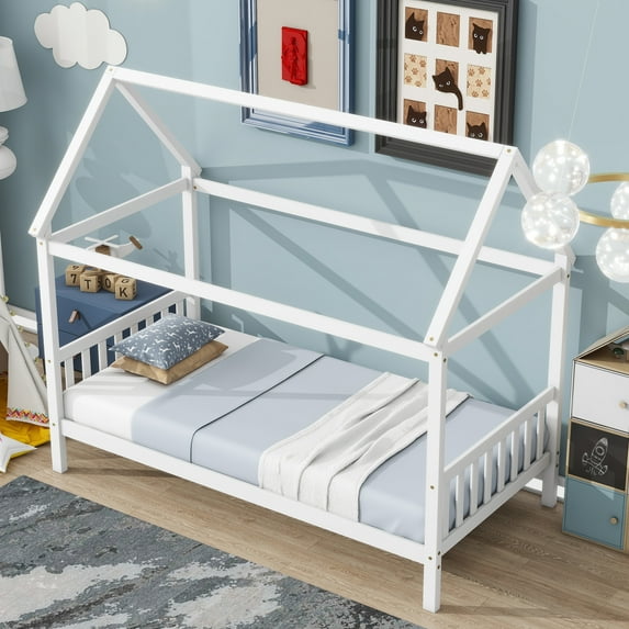 Twin Size Bed Frame with Headboard and Roof,79.1"x41"x68.1",Low Rubber Wood House Bed Frame for Boys and Girls,White