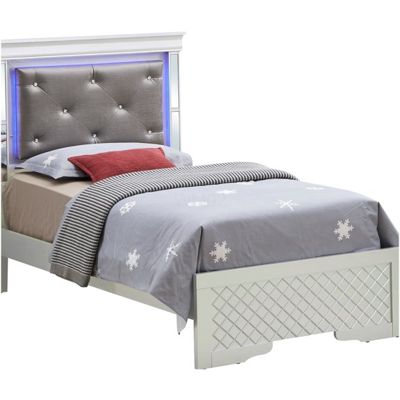 Twin Size Bed Frame with LED Headboard, Upholstered Platform Bed with Storage, Champagne Silver Finish, No Box Spring Needed